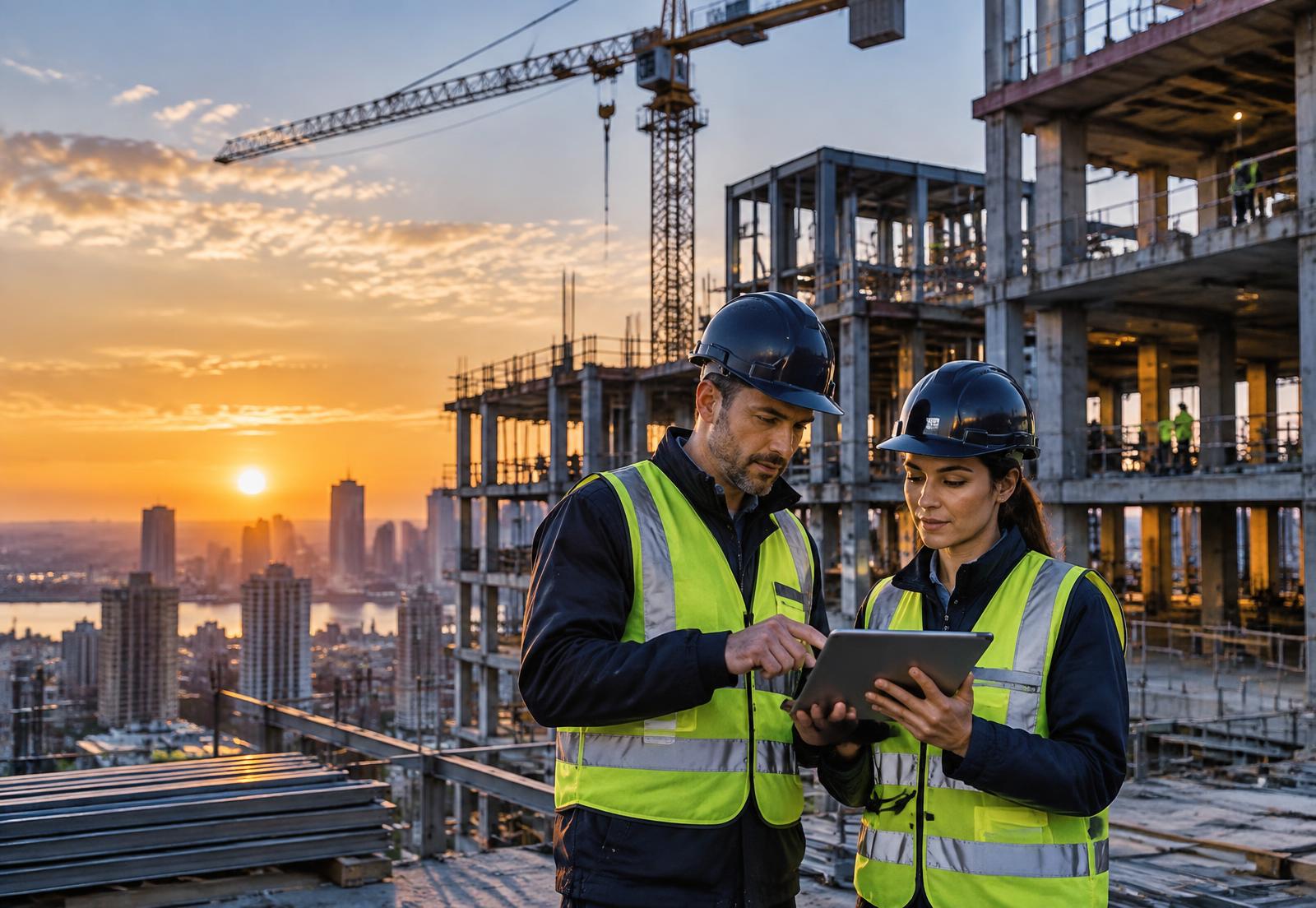 Construction professionals reviewing project plans on a tablet at a jobsite